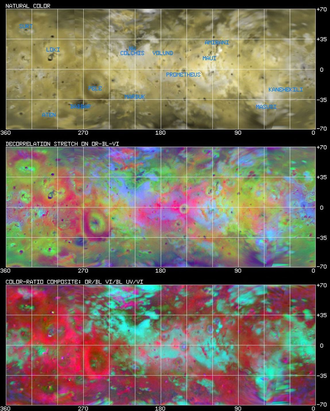 This is a multispectral image cube of Io from NASA's Voyager 2 images, simple cylindrical projection.