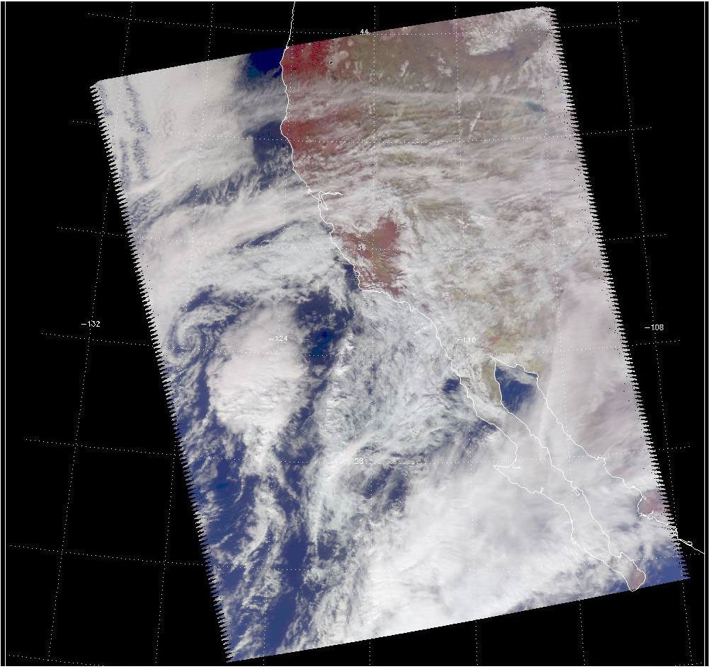 Visible image of a California storm in March, 2003, as seen by the Atmospheric Infrared Sounder (AIRS) on NASA's Aqua satellite.