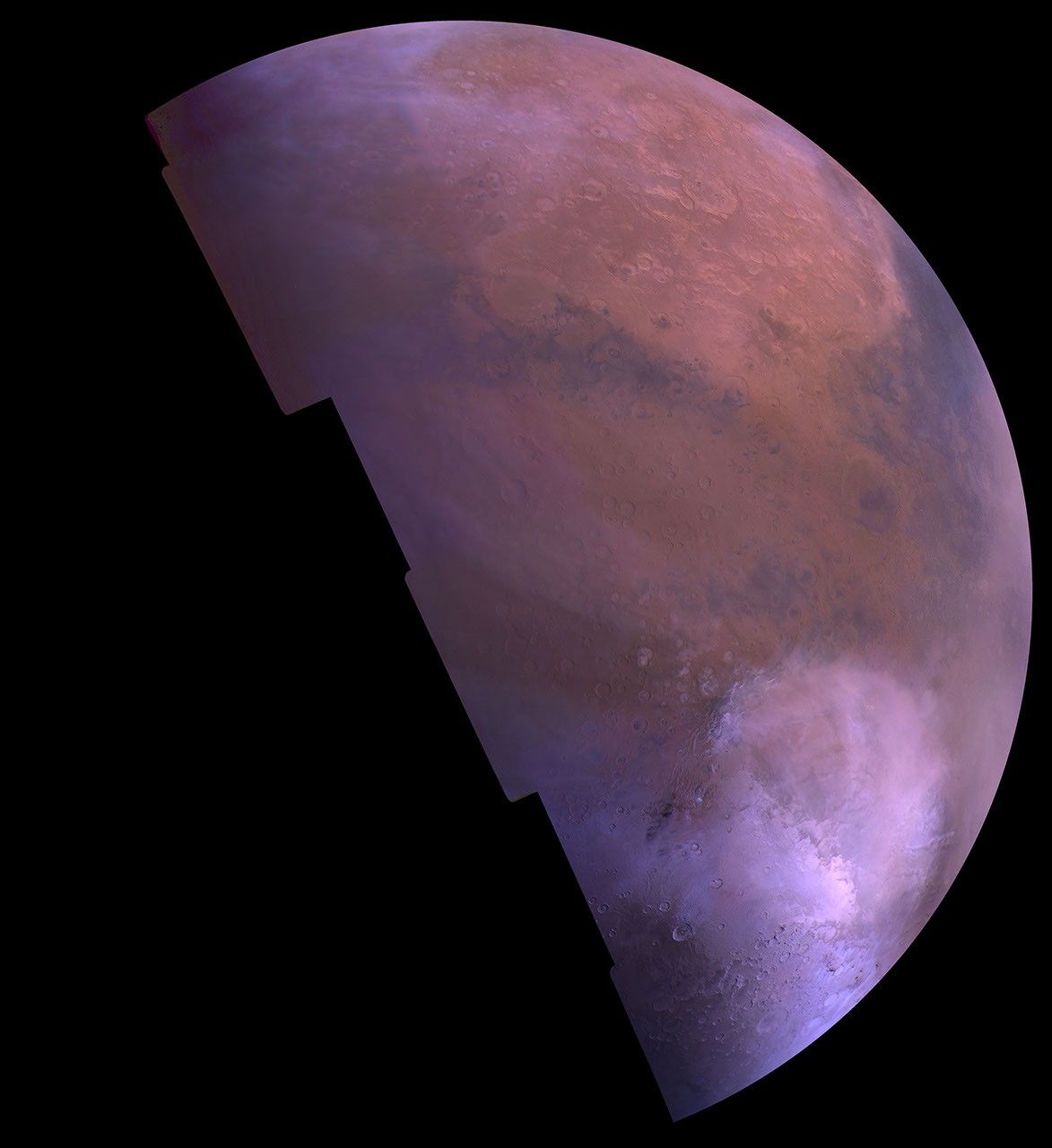 This mosaic is comprised of images acquired in 1980 during late northern summer on Mars by NASA's Viking Orbiter 1. The bright yellow region at top is the Arabia region of Mars.