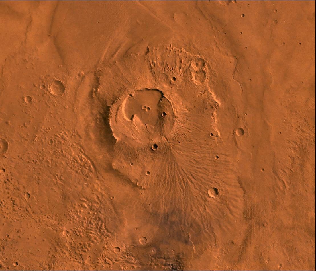 A color image of the Apollinaris Patera Region of Mars; north toward top, taken by NASA's Viking spacecraft.