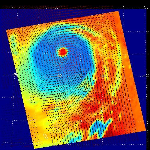 These two images show Hurricane Isabel as viewed by AIRS and SeaWinds scatterometers on NASA's ADEOS-2 and QuikScat satellites in September, 2003.
