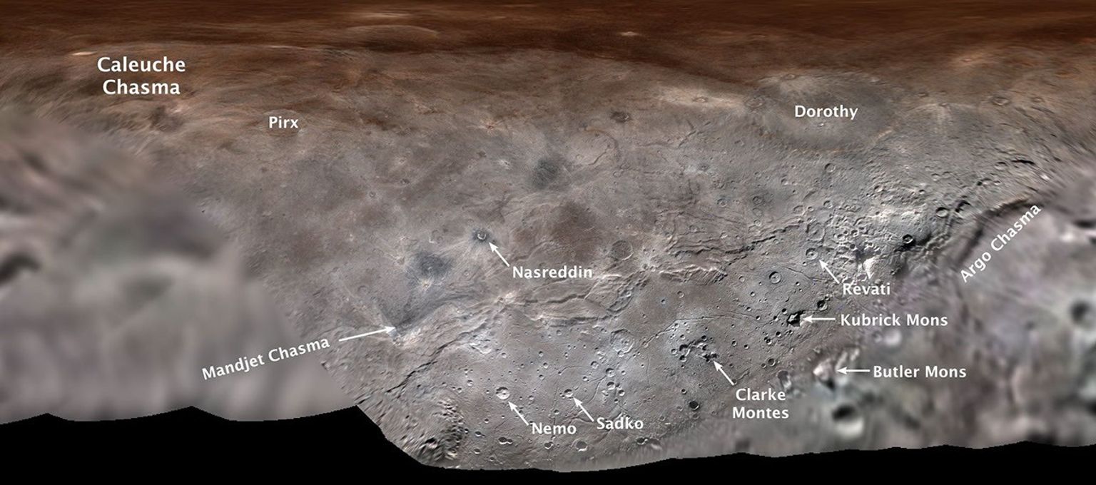This annotated map projection from NASA's New Horizons spacecraft shows Charon, the largest of Pluto's five moons, annotated with its first set of official feature names.