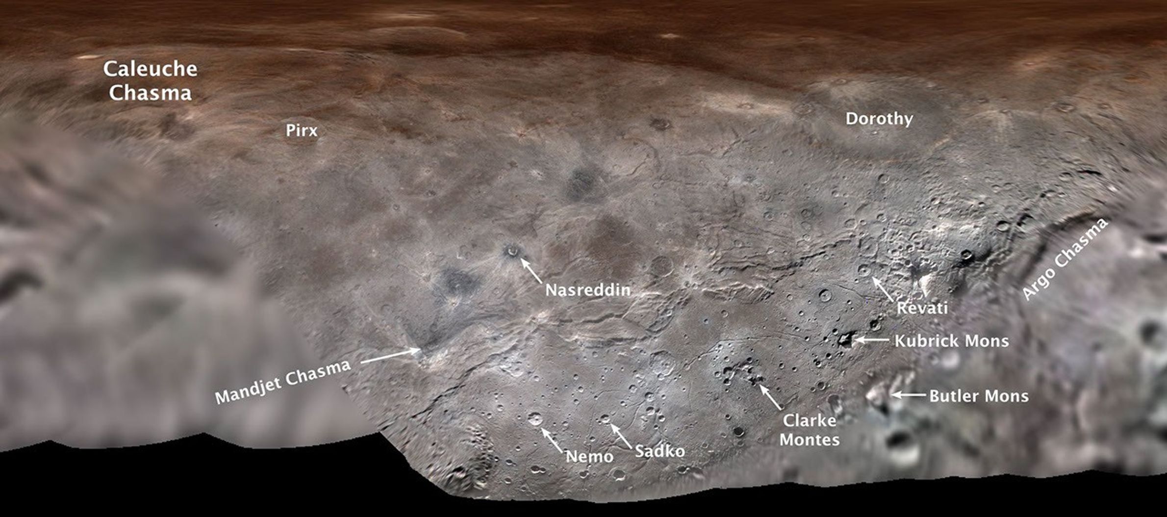 This annotated map projection from NASA's New Horizons spacecraft shows Charon, the largest of Pluto's five moons, annotated with its first set of official feature names.