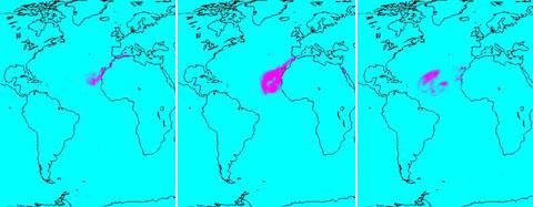 In July of 2005, a continent-sized cloud of hot air and dust originating from the Sahara Desert crossed the Atlantic Ocean and headed towards Florida and the Caribbean, captured by the Atmospheric Infrared Sounder onboard NASA's Aqua satellite.