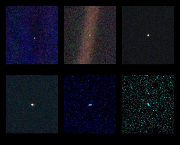 These six narrow-angle color images were made from the first ever 'portrait' of the solar system taken by NASA's Voyager 1, which was more than 4 billion miles from Earth and about 32 degrees above the ecliptic.