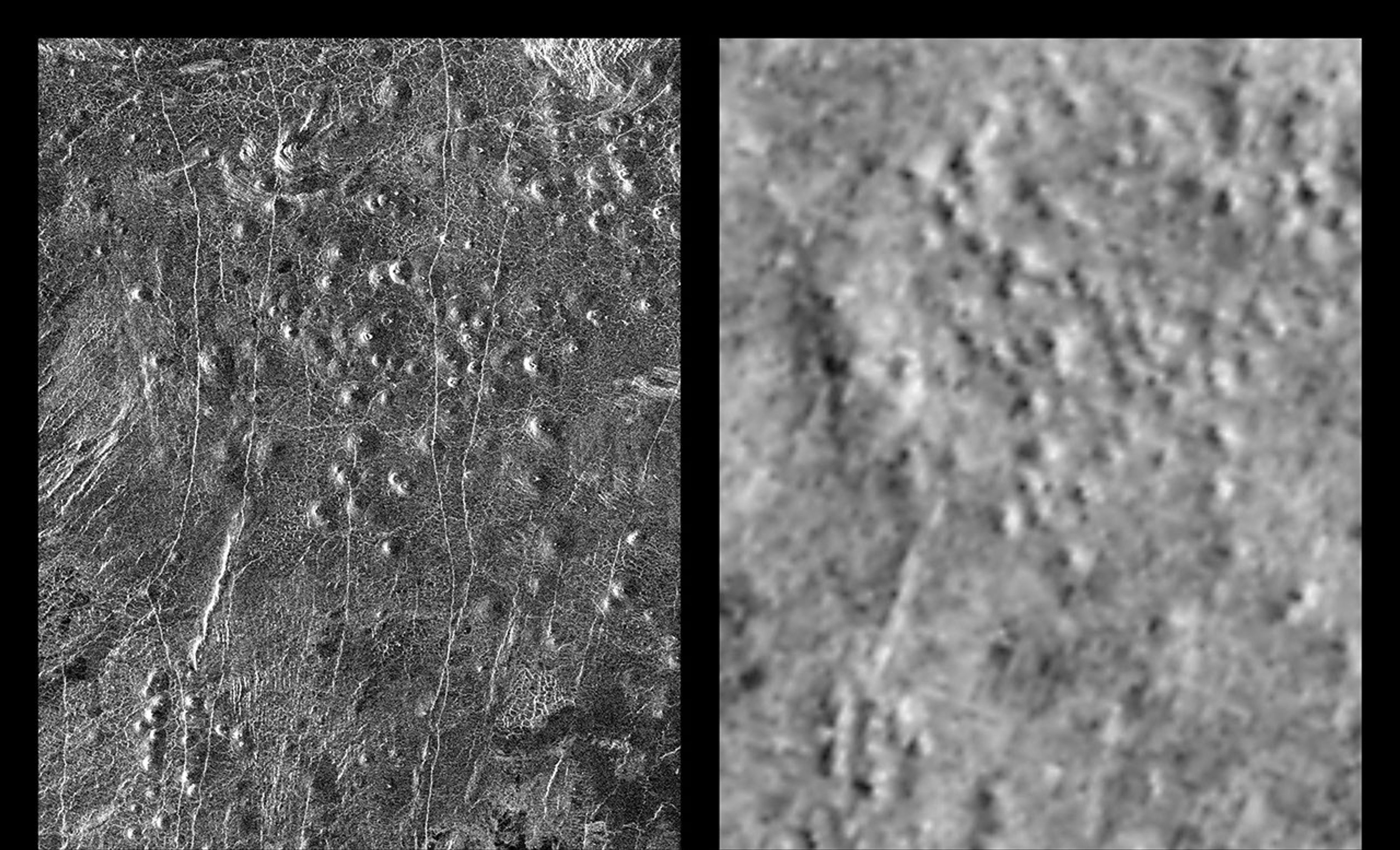 These radar images show an identical area on Venus as imaged by the NASA's Magellan spacecraft in 1991 (left) and the U.S.S.R. Venera 15/16 spacecraft in the early 1980's (right).