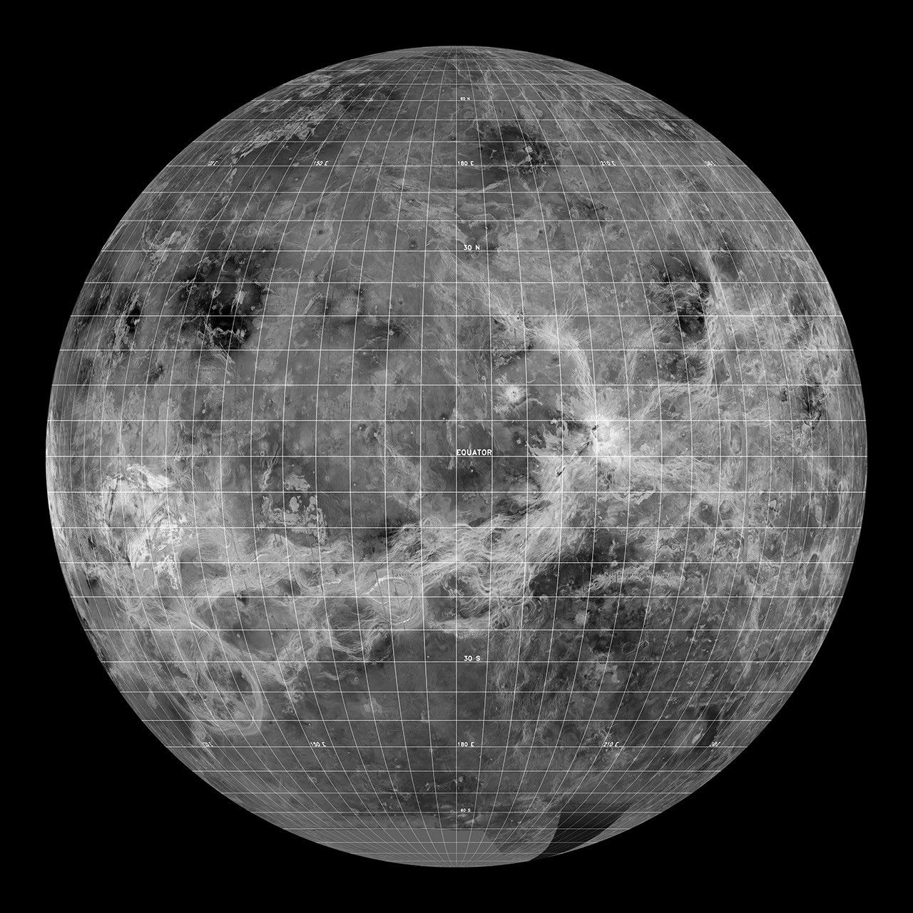 This synthetic aperture radar mosaic from NASA's Magellan spacecraft is a global view of the surface of Venus.