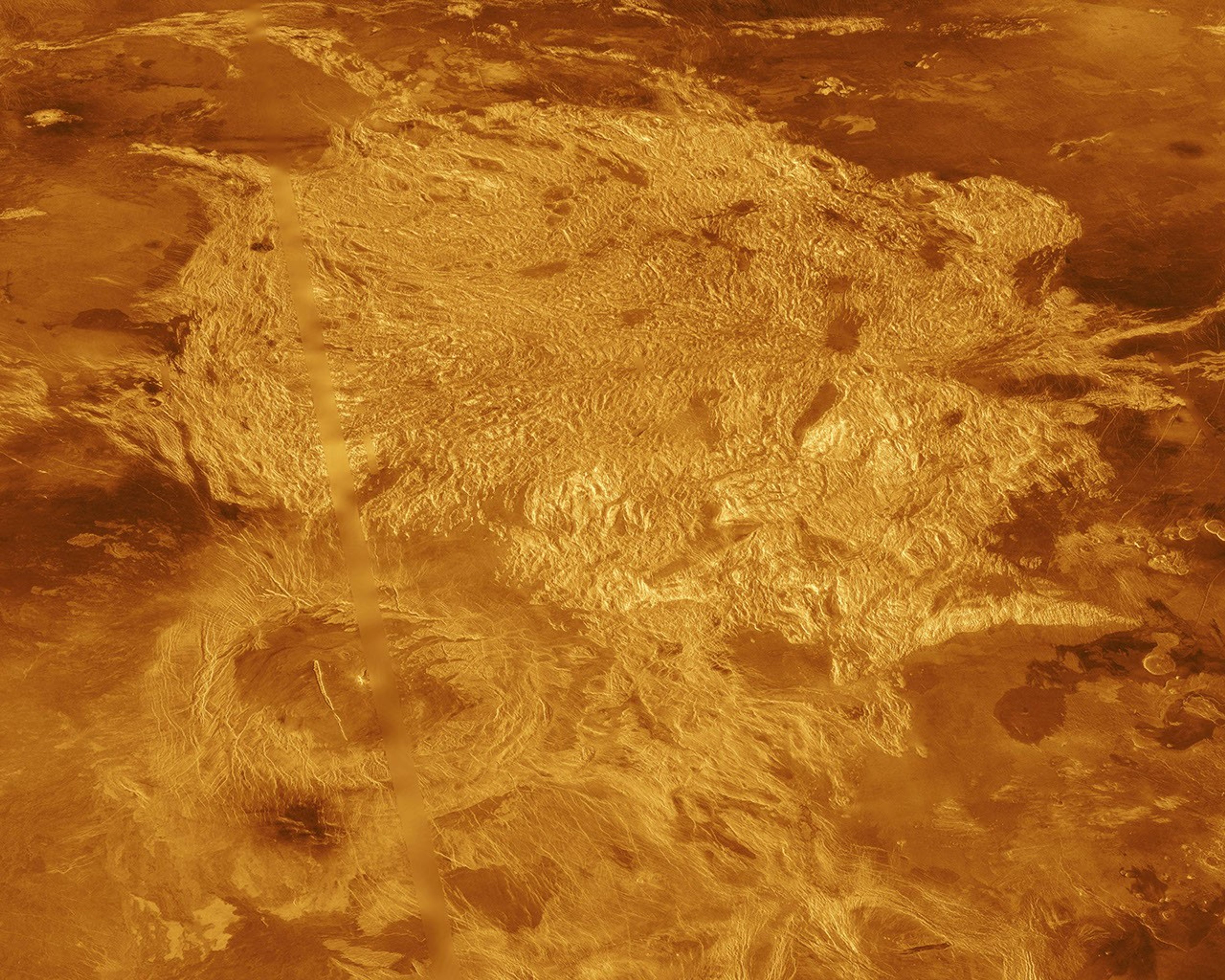 A portion of Alpha Regio is displayed in this three-dimensional perspective view of the surface of Venus from NASA's Magellan spacecraft. In 1963, Alpha Regio was the first feature on Venus to be identified from Earth-based radar.