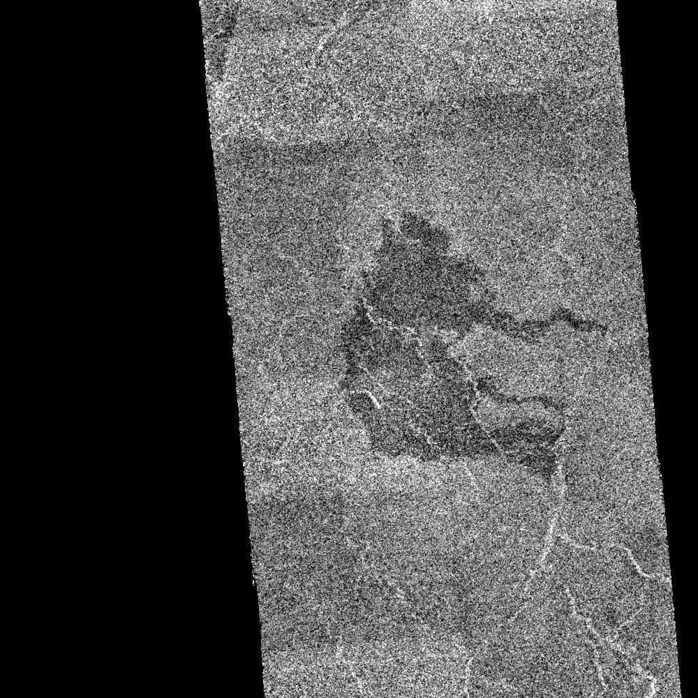 This image from NASA's Magellan spacecraft shows an area of dark volcanic lava flows overlying the brighter surrounding plains which are thought to have been formed from older flows.