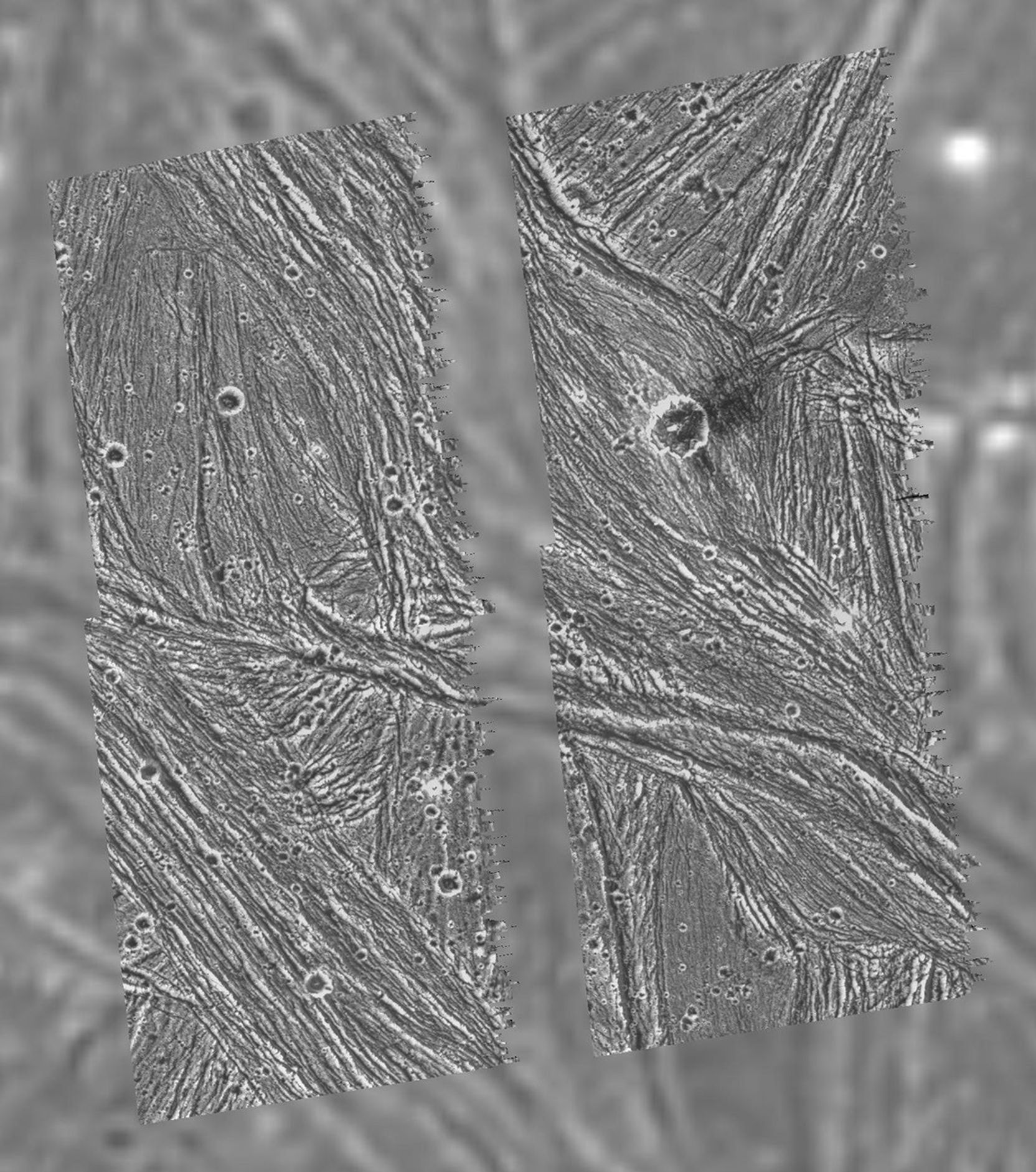 A mosaic of four Galileo images of the Uruk Sulcus region on Ganymede (Latitude 11 N, Longitude: 170 W) is shown overlayed on the data obtained by NASA's Voyager 2 spacecraft in 1979.