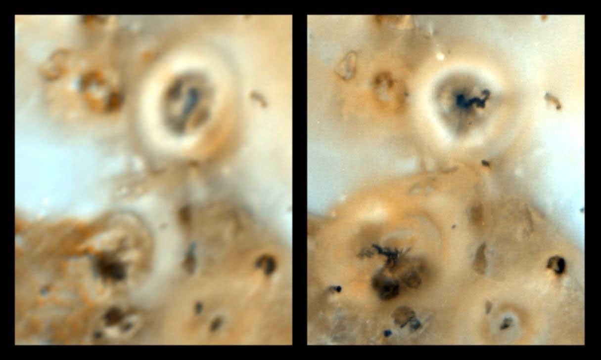 Volcanoes on Jupiter's moon Io are compared in these images from NASA's Galileo spacecraft (right) taken in early September of this year, and from the Voyager spacecraft (left) taken in 1979.