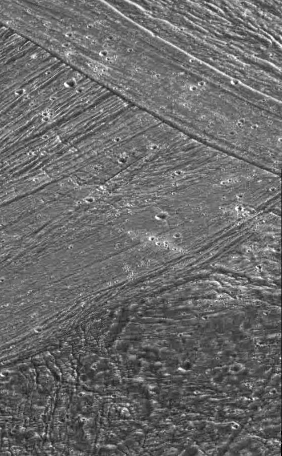 NASA's Galileo spacecraft obtained this image on Sept.6, 1996, showing part of the surface of Jupiter's moon Ganymede, where new terrain overlays older terrain.