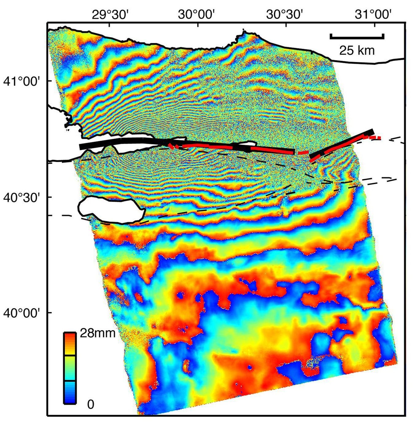 This image is an interferogram that was created using pairs of images taken by ESA's Remote Sensing satellite (ERS-2) combined to produce these image maps of the apparent surface deformation during and after the 1999 Izmit, Turkey earthquake.