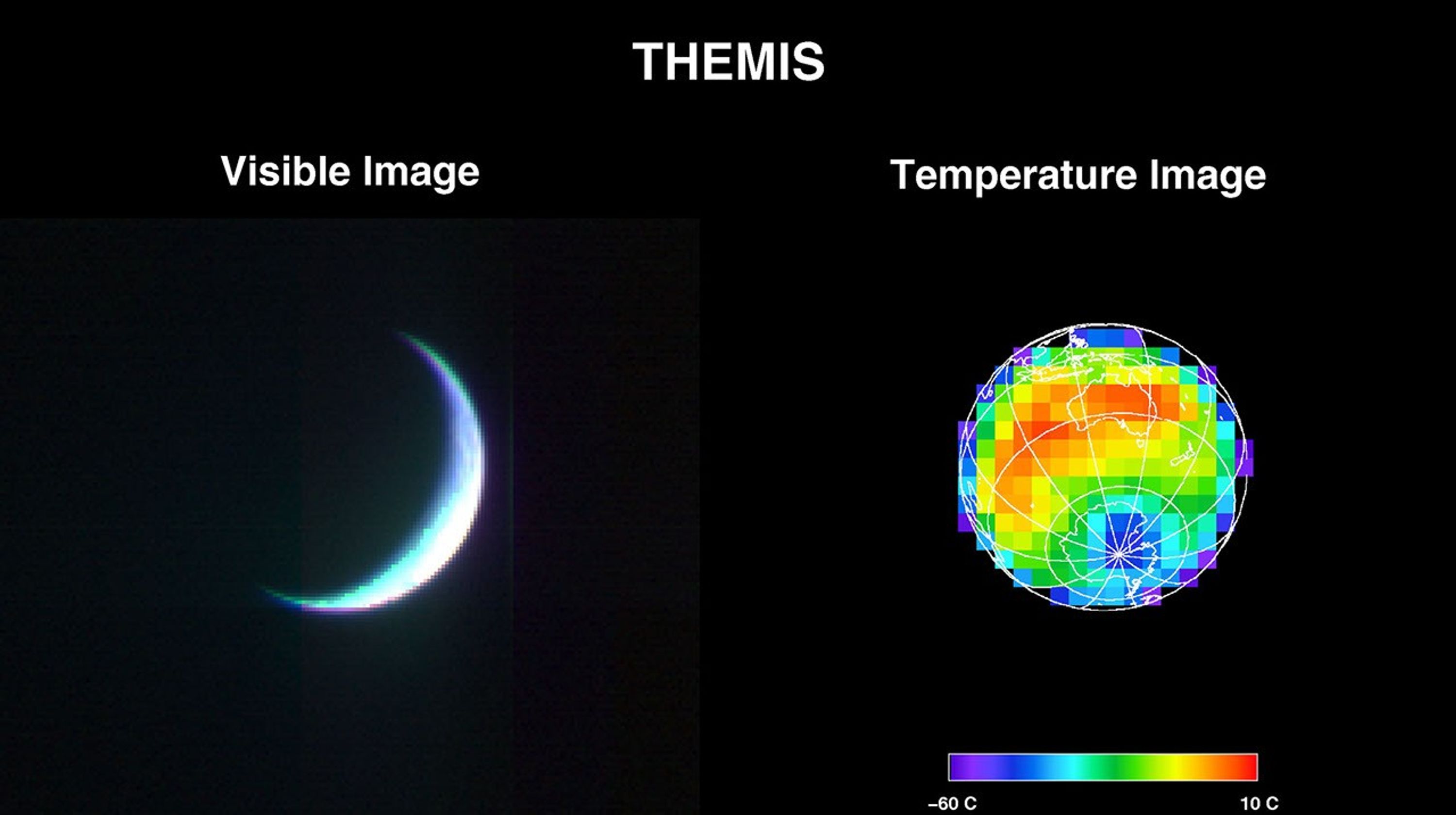 NASA's 2001 Mars Odyssey's Thermal Emission Imaging System (THEMIS) acquired these images of the Earth using its visible and infrared cameras as it left the Earth.