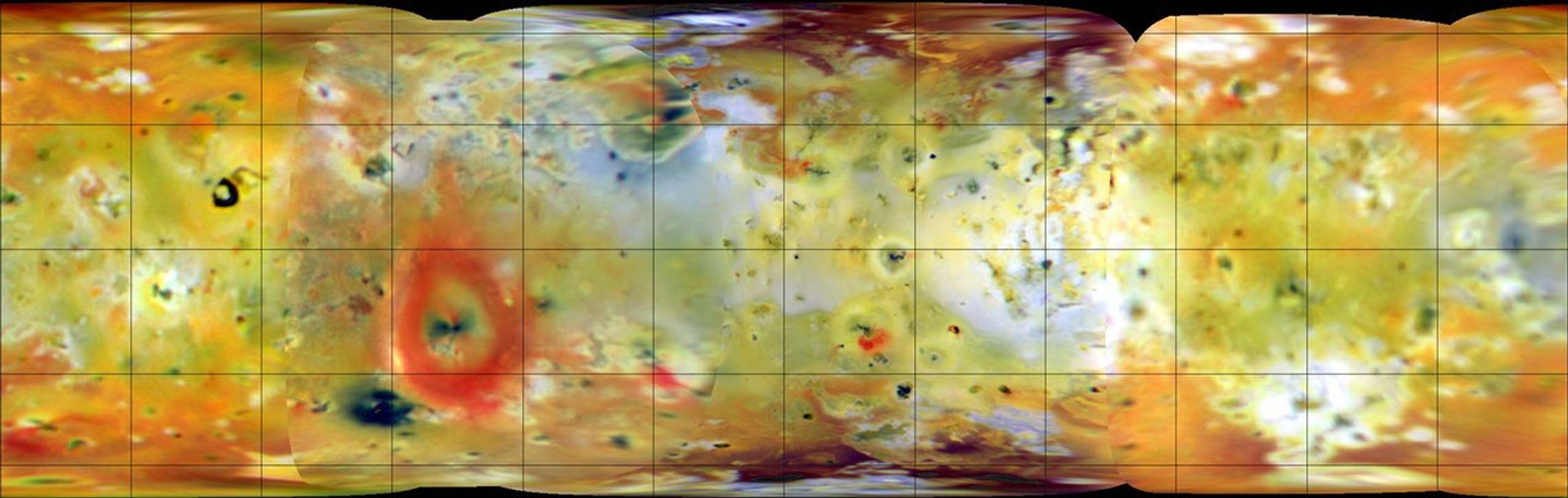 This false color infrared composite of Jupiter's moon Io was produced from images acquired in July and September, 1996, during the first two orbits through the Jovian system by NASA's Galileo spacecraft.