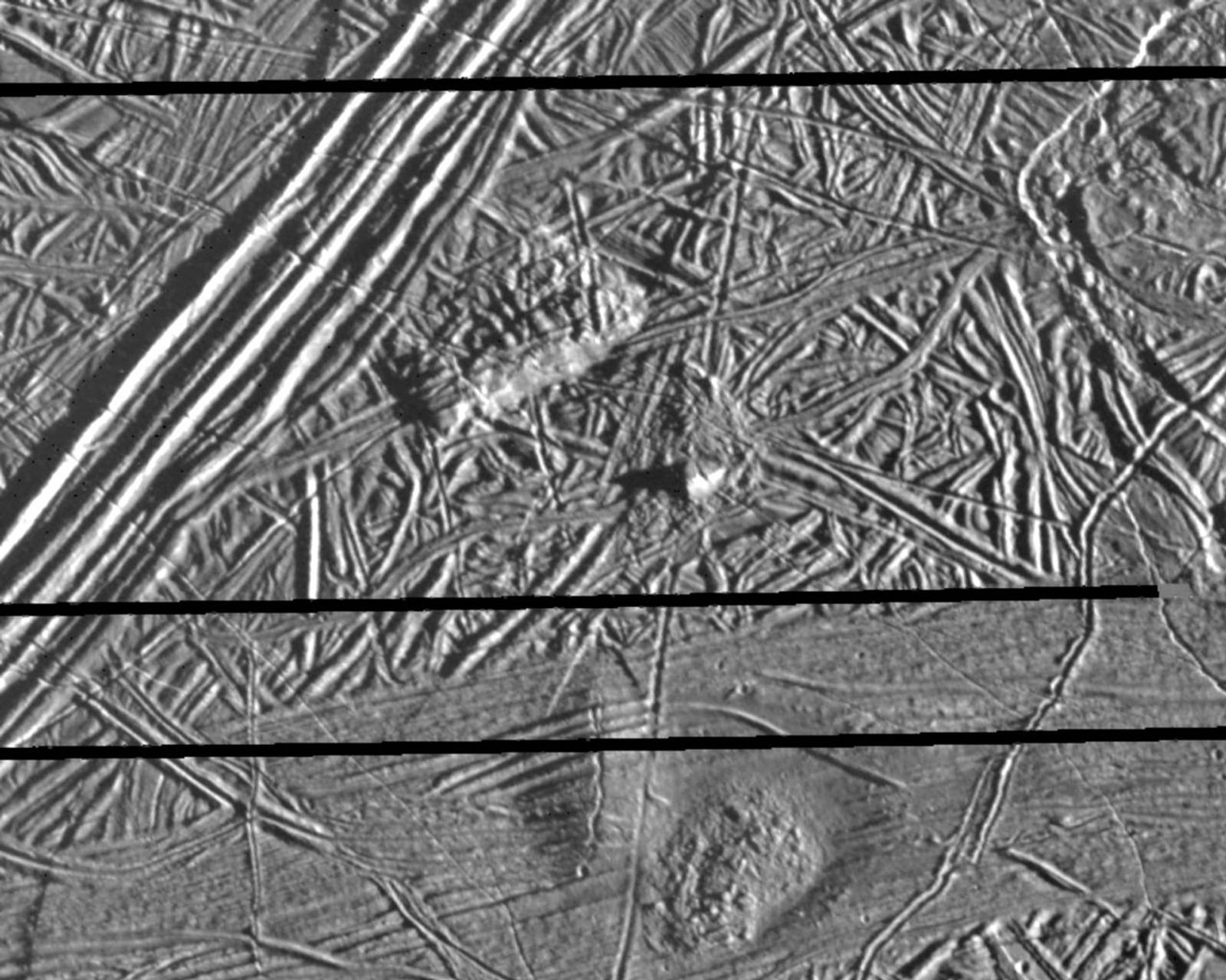 This picture of Europa, a moon of Jupiter, was obtained on February 20, 1997, by the Solid State Imaging system onboard NASA's Galileo spacecraft during its sixth orbit around Jupiter.