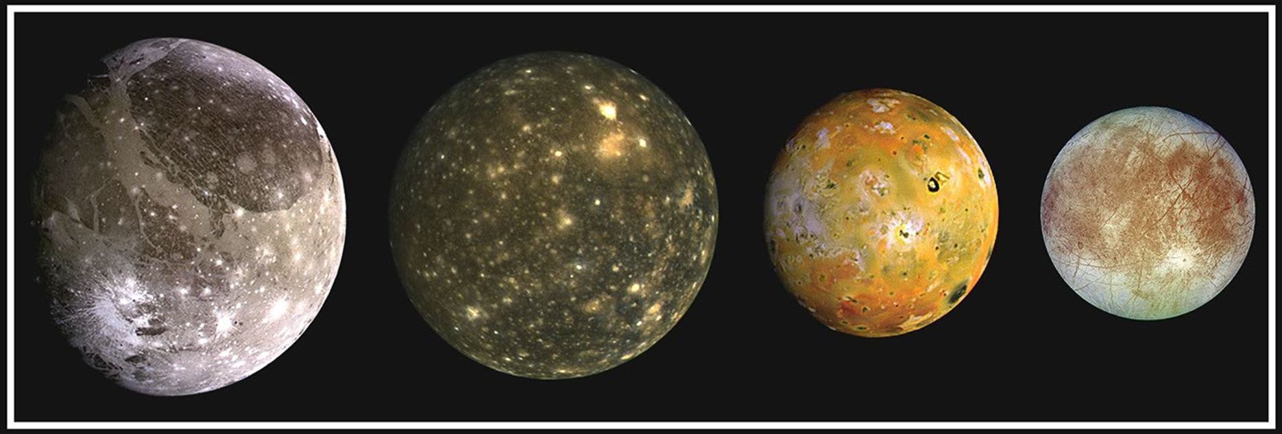 This composite portait includes the four largest moons of Jupiter which are known as the Galilean satellites. From left toright, the moons shown are Ganymede, Callisto, Io, and Europa.