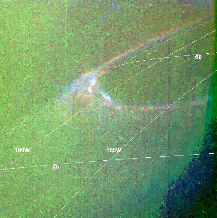 This is a false-color composite of Jupiter's northern aurora on the night side of the planet. The height and thickness of the auroral arc, and the small-scale structure were revealed for the first time by NASA's Galileo orbiter on April 2, 1997.