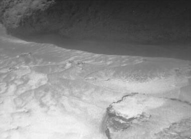 This image was taken by a camera aboard NASA's Sojourner rover on July 8, 1997. The large rock 'Yogi' can be seen at the upper right portion of this image on Mars.