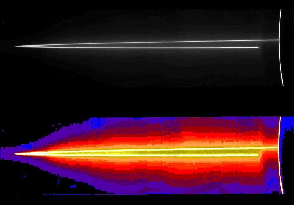 A mosaic of four images taken by NASA's Galileo spacecraft on November 8, 1996, at a resolution of approximately 46 kilometers (28.5 miles) per picture element (pixel) along Jupiter's rings.