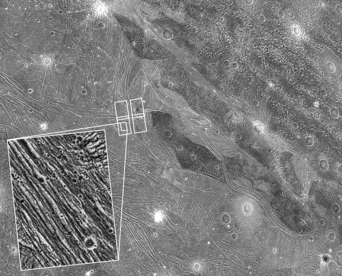 View of the region of Ganymede's Uruk Sulcus placed on a lower resolution Voyager view taken 17 years prior to NASA'sGalileo spacecraft in 1996. North is to the top and the sun illuminates the surface from almost overhead in the Galileo view.