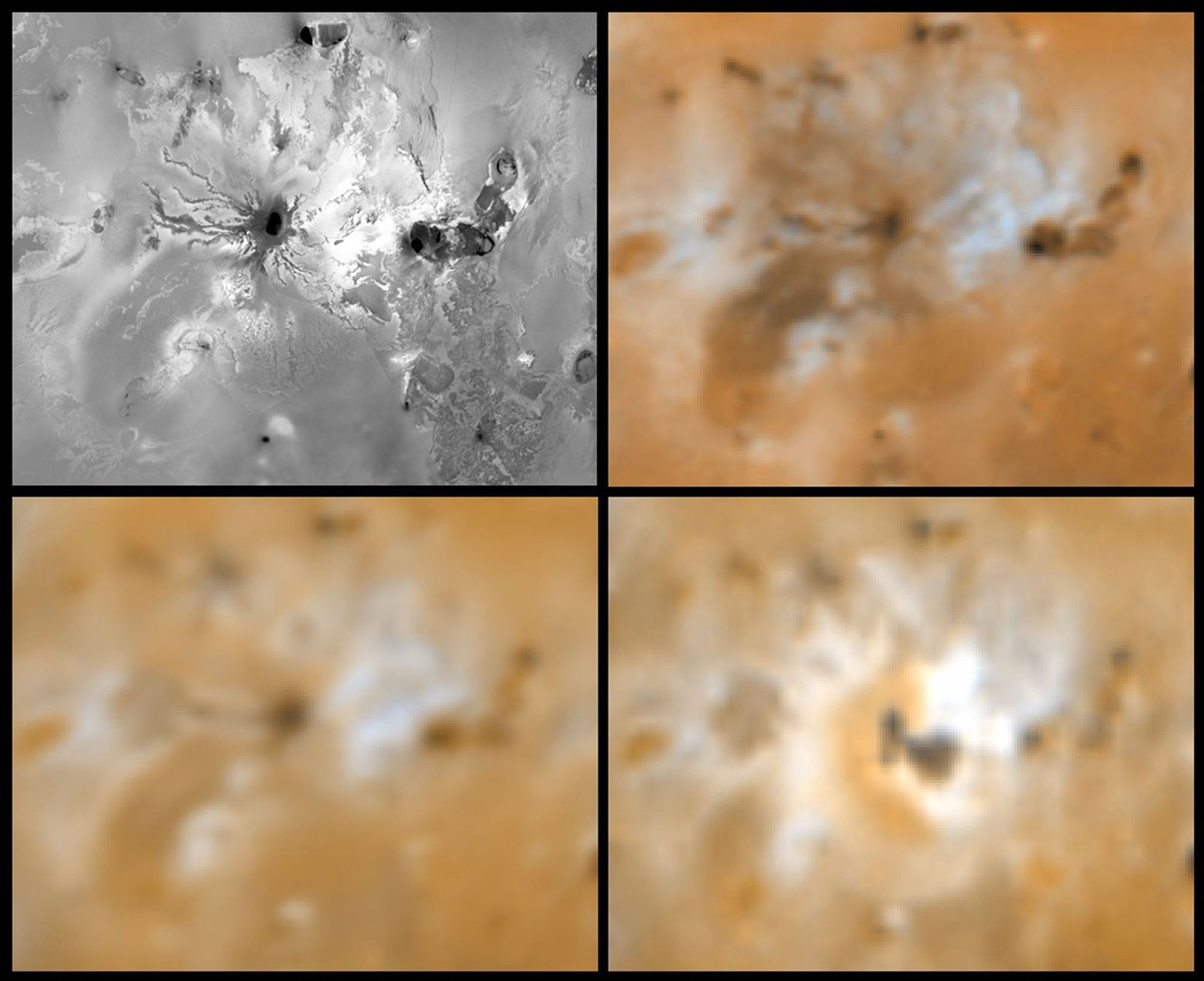 Four views of the volcano Ra Patera on Jupiter's moon Io showing changes seen on June 27th, 1996 by NASA's Galileo spacecraft as compared to views seen by the Voyager spacecraft during the 1979 flybys.