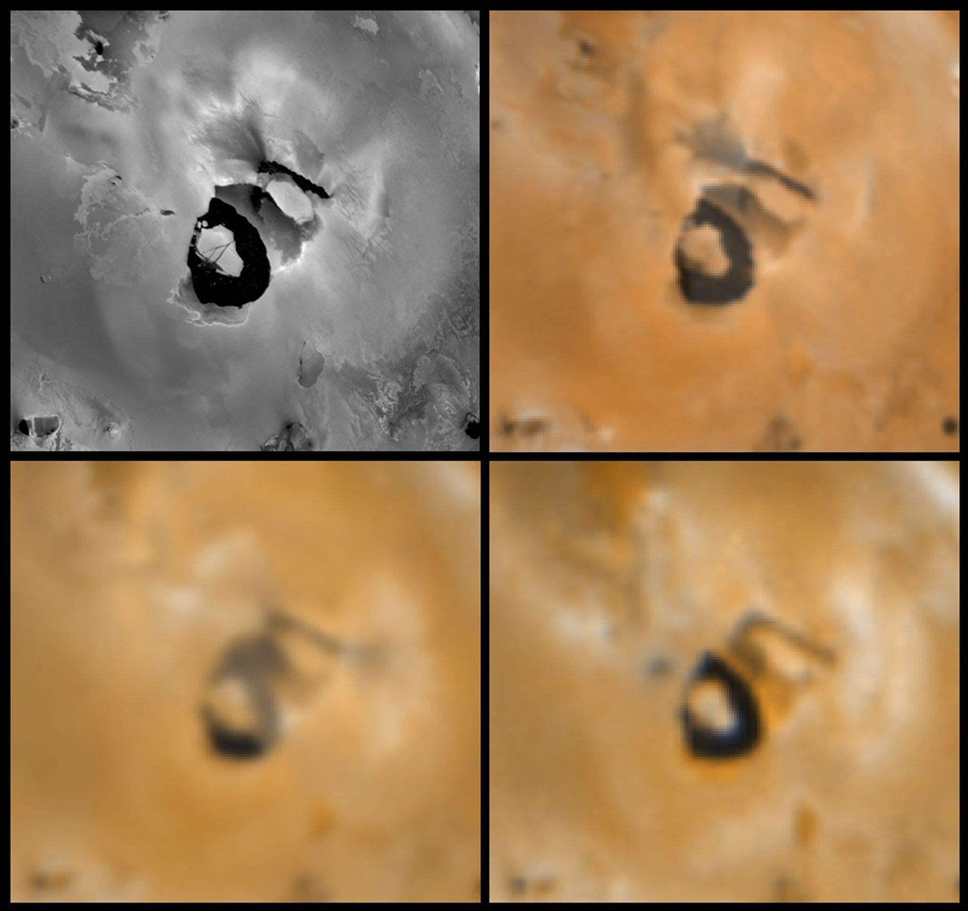 Four views of the volcano Loki Patera on Jupiter's moon Io showing changes seen on June 27th, 1996 by NASA's Galileo spacecraft as compared to views seen by the Voyager spacecraft during the 1979 flybys.