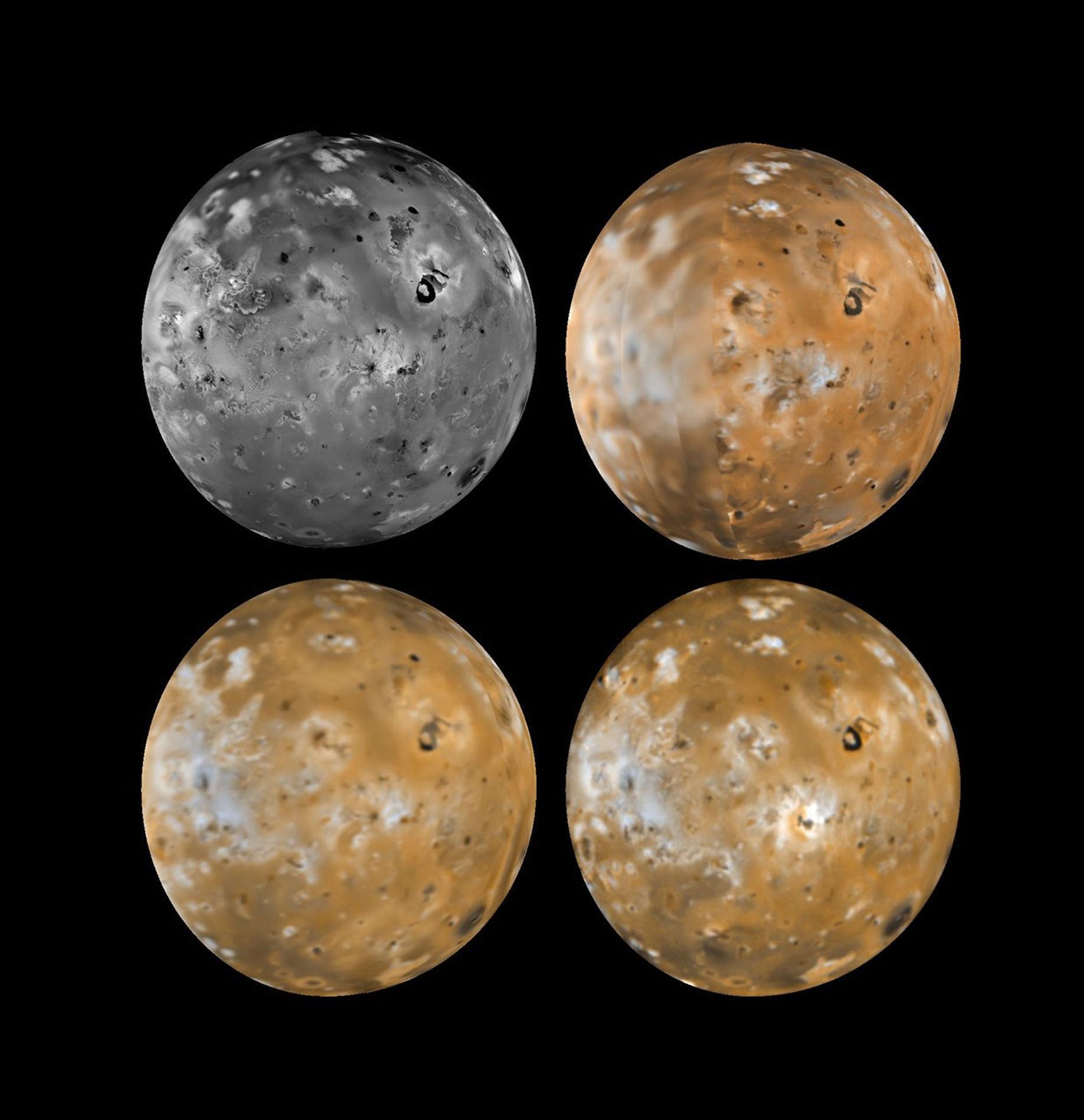 Four views of the hemisphere of Io which faces Jupiter showing changes seen on June 27th, 1996 by NASA's Galileo spacecraft as compared to views seen by the Voyager spacecraft during the 1979 flybys.