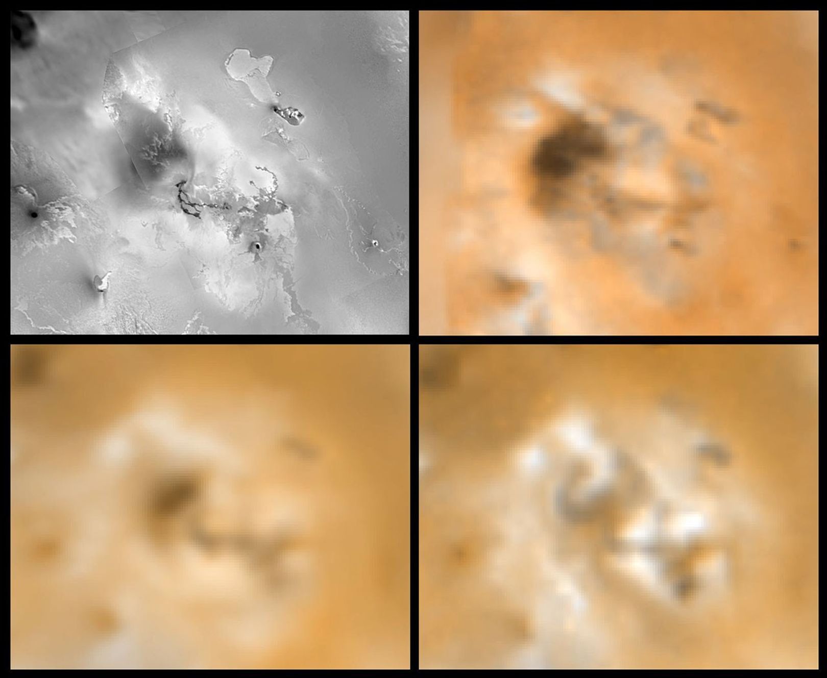 Four views of an unnamed volcanic center (latitude 11, longitude 337) on Jupiter's moon Io showing changes seen onJune 27th, 1996 by NASA's Galileo spacecraft as compared to views seen by the Voyager spacecraft during the 1979 flybys.