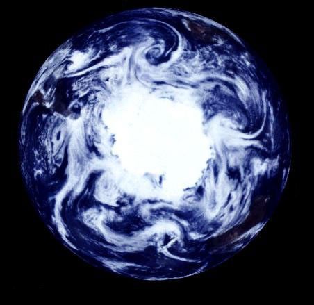 This view of the Earth shows a wonderfully unique but physically impossible view of the southern hemisphere and Antarctica. While a spacecraft could find itself directly over the Earth's pole, roughly half of the image should be in darkness!