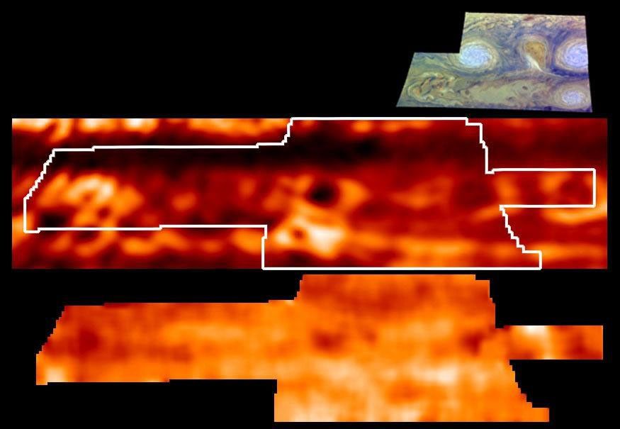 This is one of the highest resolution images ever recorded of Jupiter's temperature field. It was obtained by NASA's Galileo mission. This map, shown in the lower panel, indicates the forces powering Jovian winds.