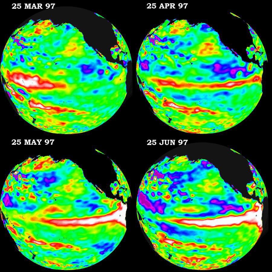 These four views of the Pacific Ocean were produced using sea surface height measurements taken by NASA's U.S./French TOPEX/POSEIDON satellite.
