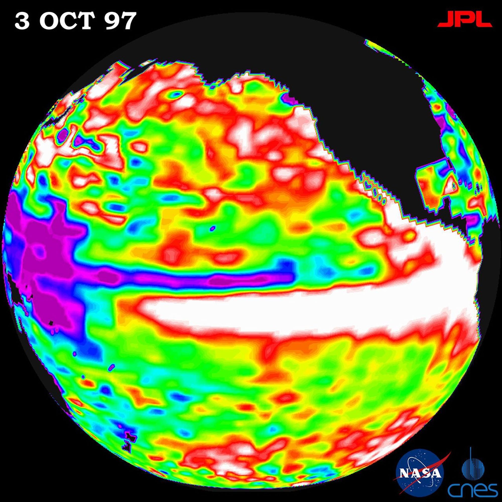 This image of the Pacific Ocean was produced using sea surface height measurements taken by NASA's U.S./French TOPEX/Poseidon satellite.