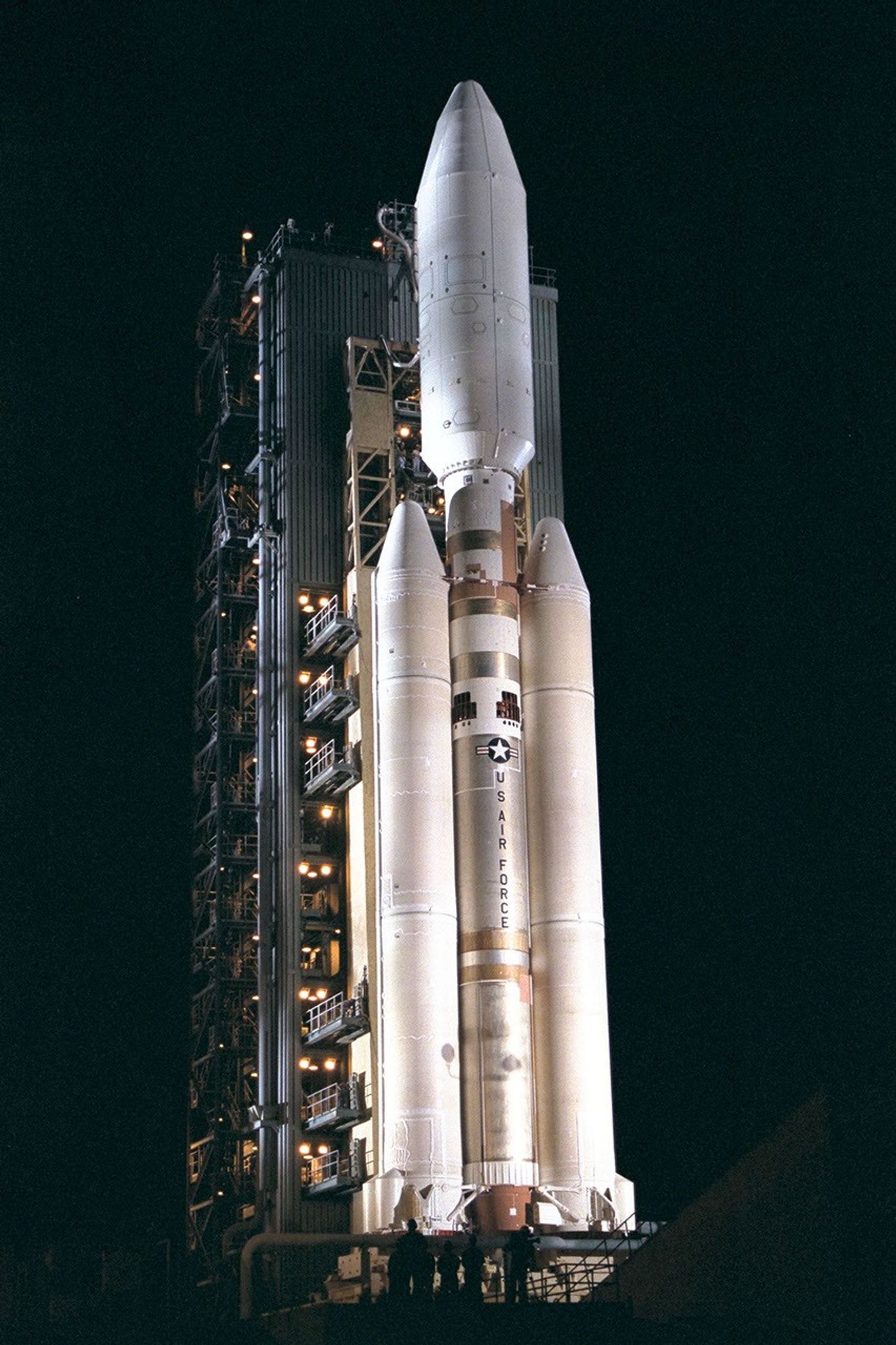 This image from 1997 is of the Titan IVB/Centaur carrying NASA's Cassini spacecraft at Launch Complex 40 on Cape Canaveral Air Station, the Mobile Service Tower has been retracted away.