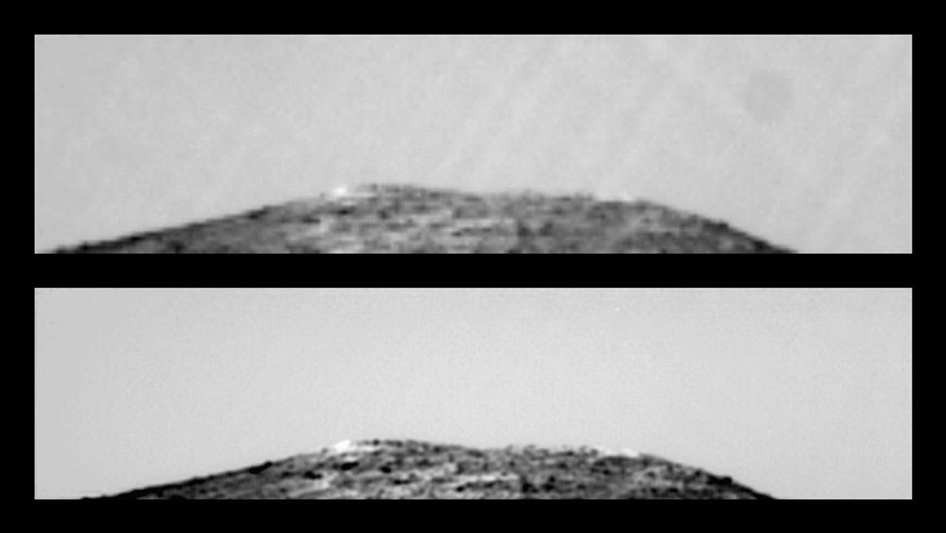 This pair of images shows the result of taking a sequence of 25 identical exposures from NASA's Imager for Mars Pathfinder (IMP) of the northern Twin Peak, with small camera motions. Sol 1 began on July 4, 1997.