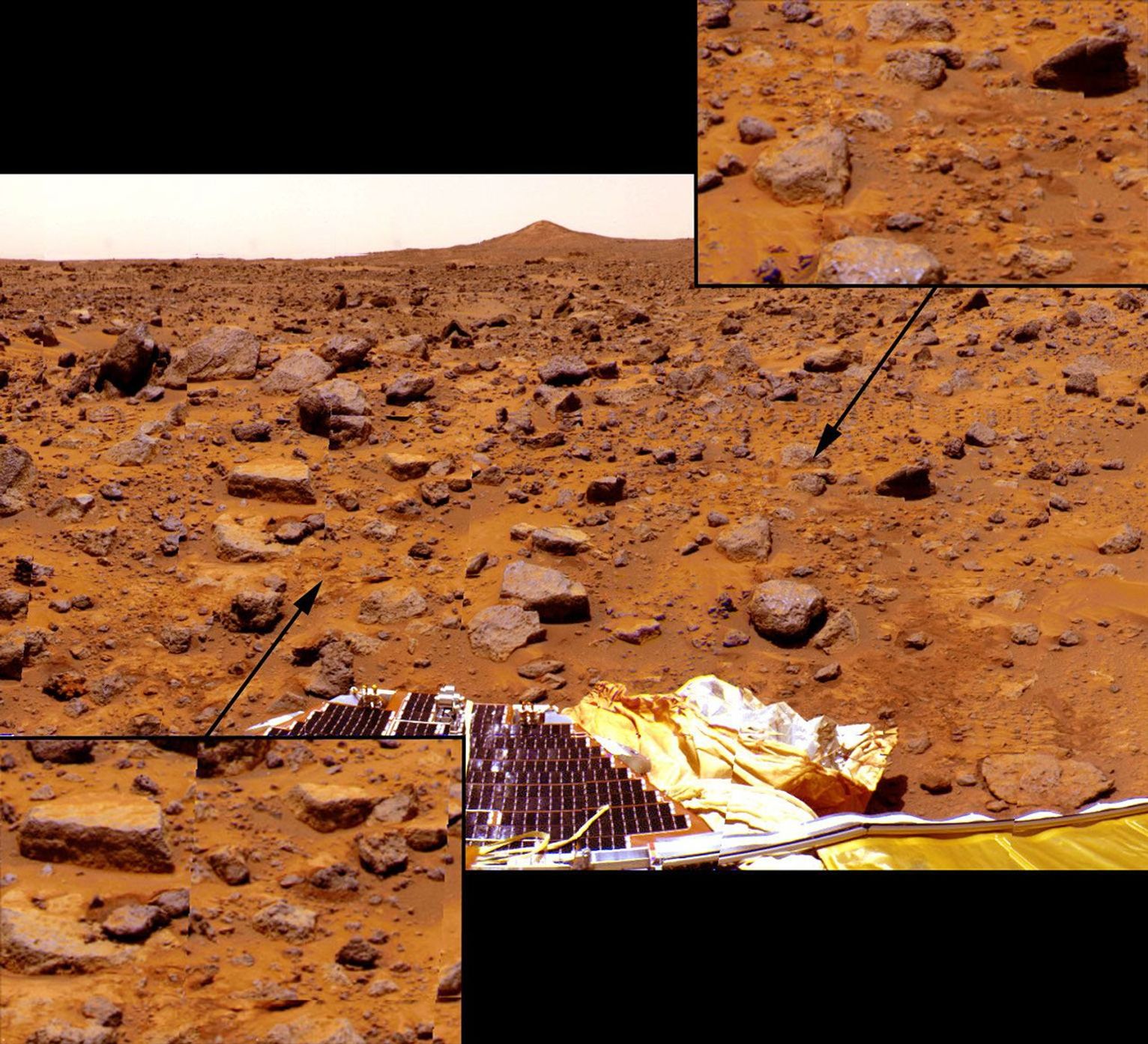 A close up of NASA's Sojourner as it placed its Alpha Proton X-Ray Spectrometer (APXS) upon the surface of the rock 'Yogi.' Distortion in the background is due to parallax.