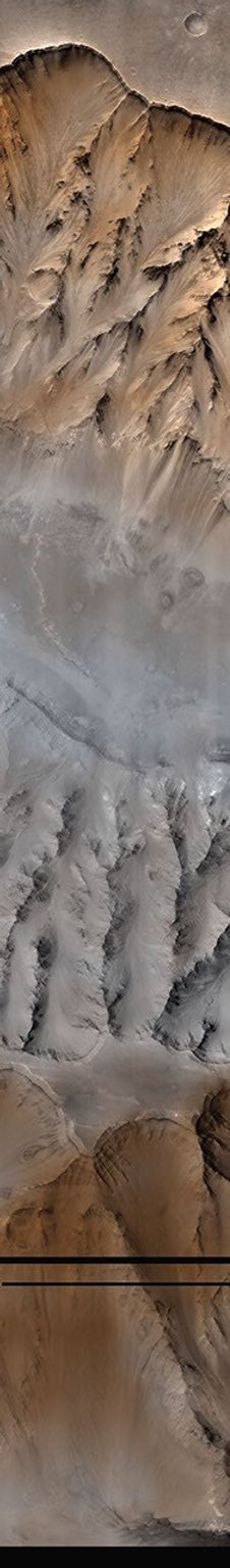 NASA's Mars Global Surveyor image of a 10 km by 12 km area of Coprates Chasma (14.7 degrees S, 55.8 degrees W), a ridge with a flat upper surface in the center of Coprates Chasma, part of the 6000-km-long Valles Marineris.