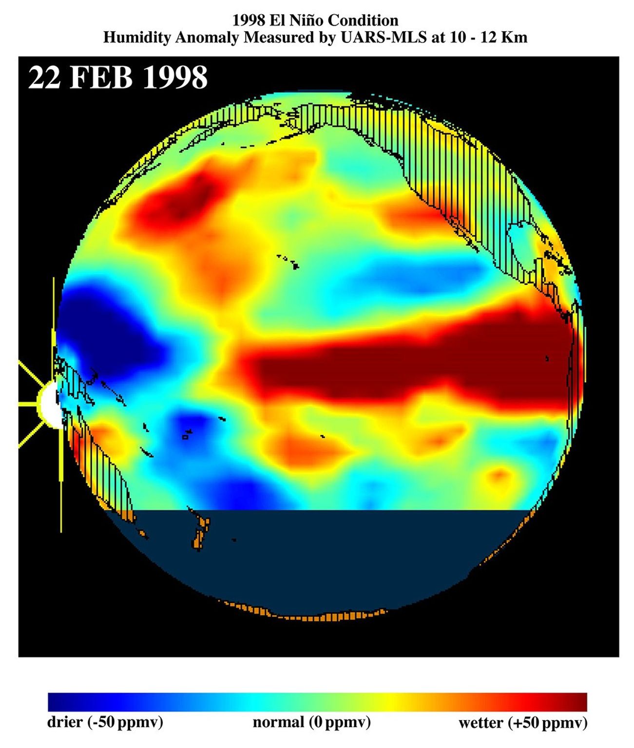 This image shows differences in atmospheric water vapor relative to a normal (average) year in the Earth's upper troposphere about 10 kilometers (6 miles) above the surface.