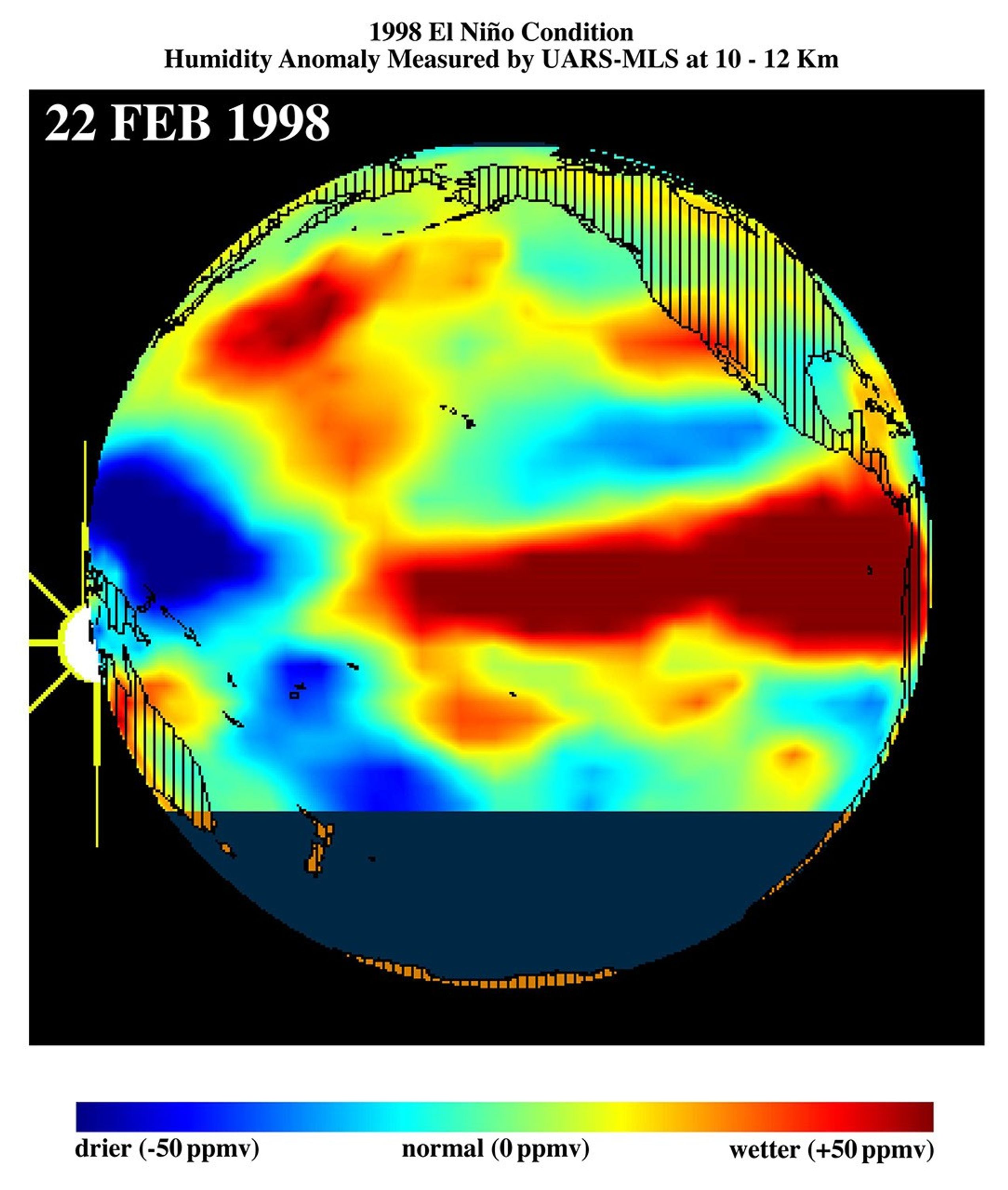 This image shows differences in atmospheric water vapor relative to a normal (average) year in the Earth's upper troposphere about 10 kilometers (6 miles) above the surface.