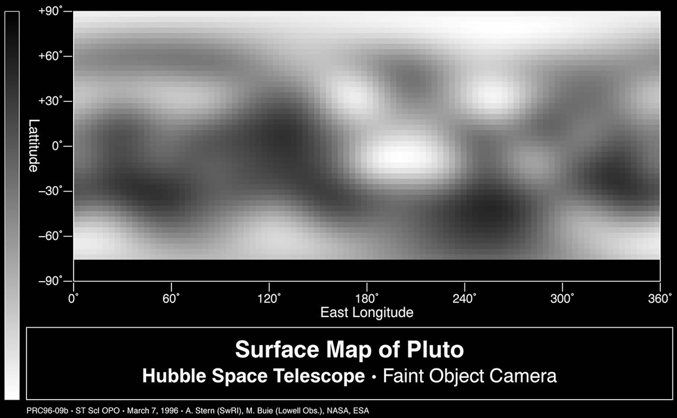 This image-based surface map of Pluto was assembled by computer image processing software from four separate images of Pluto's disk taken with the European Space Agency's Faint Object Camera aboard NASA's Hubble Space Telescope.