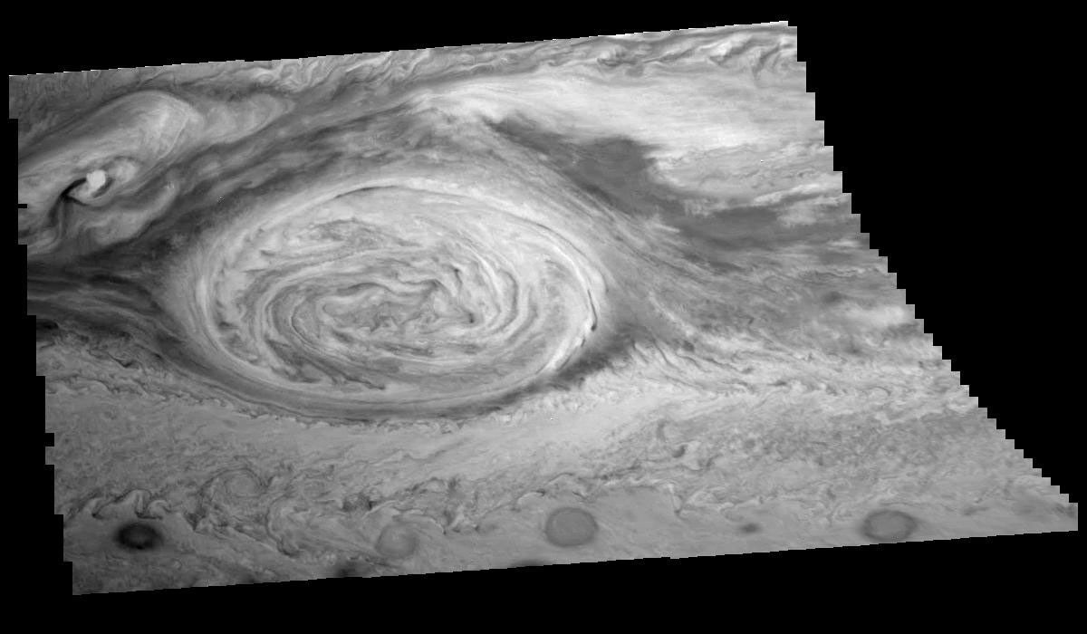 The mosaic of the Great Red Spot on Jupiter from NASA's Galileo orbiter was taken over an 80 second interval beginning at universal time 14 hours, 30 minutes, 23 seconds, on June 26, 1996.