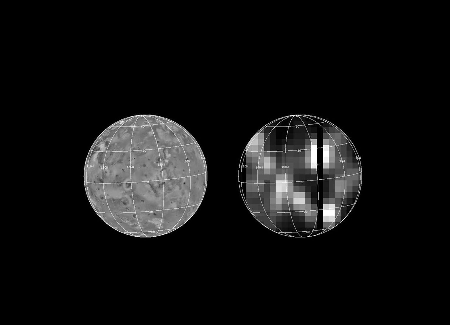 NASA's Galileo spacecraft's Near Infrared Mapping Spectrometer (NIMS) shows the distribution of volcanic hotspots on the surface of Io during the G! encounter on June 29, 1996.