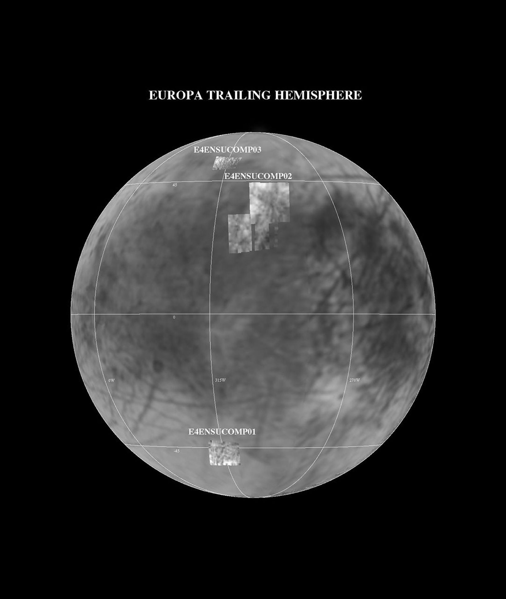 This image shows the Near Infrared Mapping Spectrometer (NIMS) observations of selected areas of Europa's trailing hemisphere during NASA's Galileo E4 encounter on 19 December 1996.