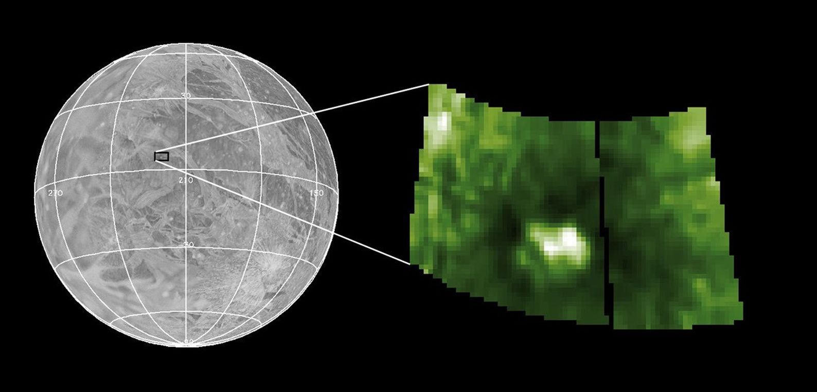 The left image is an airbrush map of the surface of Ganymede from NASA's Voyager data. The small square shows the location of Antum crater, target of the image from NASA's Galileo spacecraft on the right.