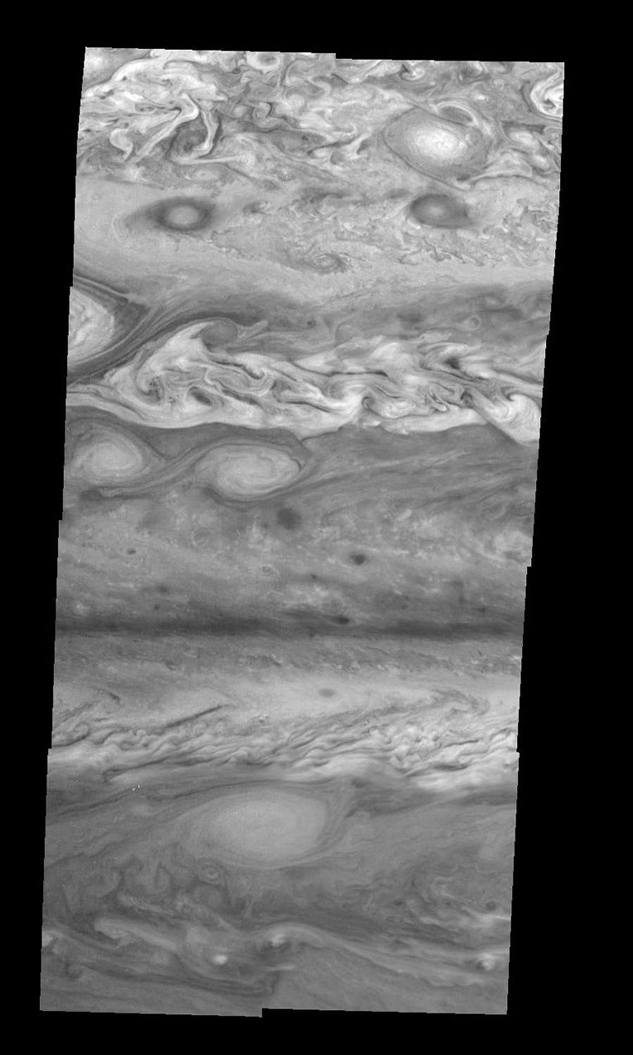 Jupiter's atmospheric circulation is dominated by alternating eastward and westward jets from equatorial to polar latitudes. This image was taken on April 3, 1997, by NASA's Galileo spacecraft.
