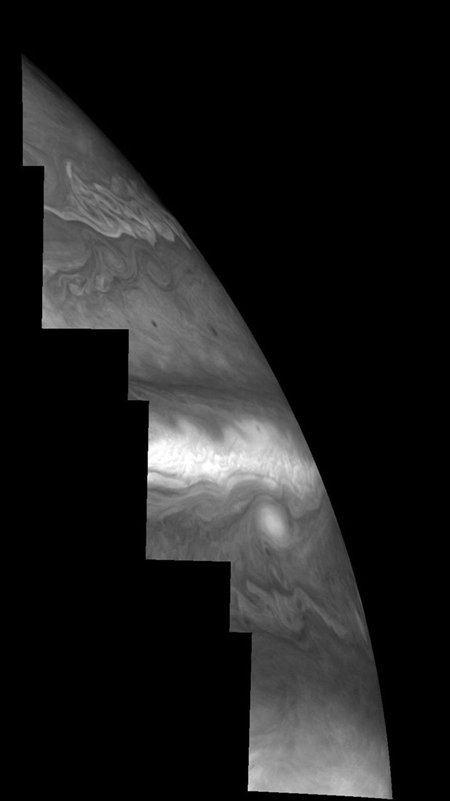 Jupiter's atmospheric circulation is dominated by alternating eastward and westward jets from equatorial to polar latitudes. This image was taken on April 3, 1997, by NASA's Galileo spacecraft.