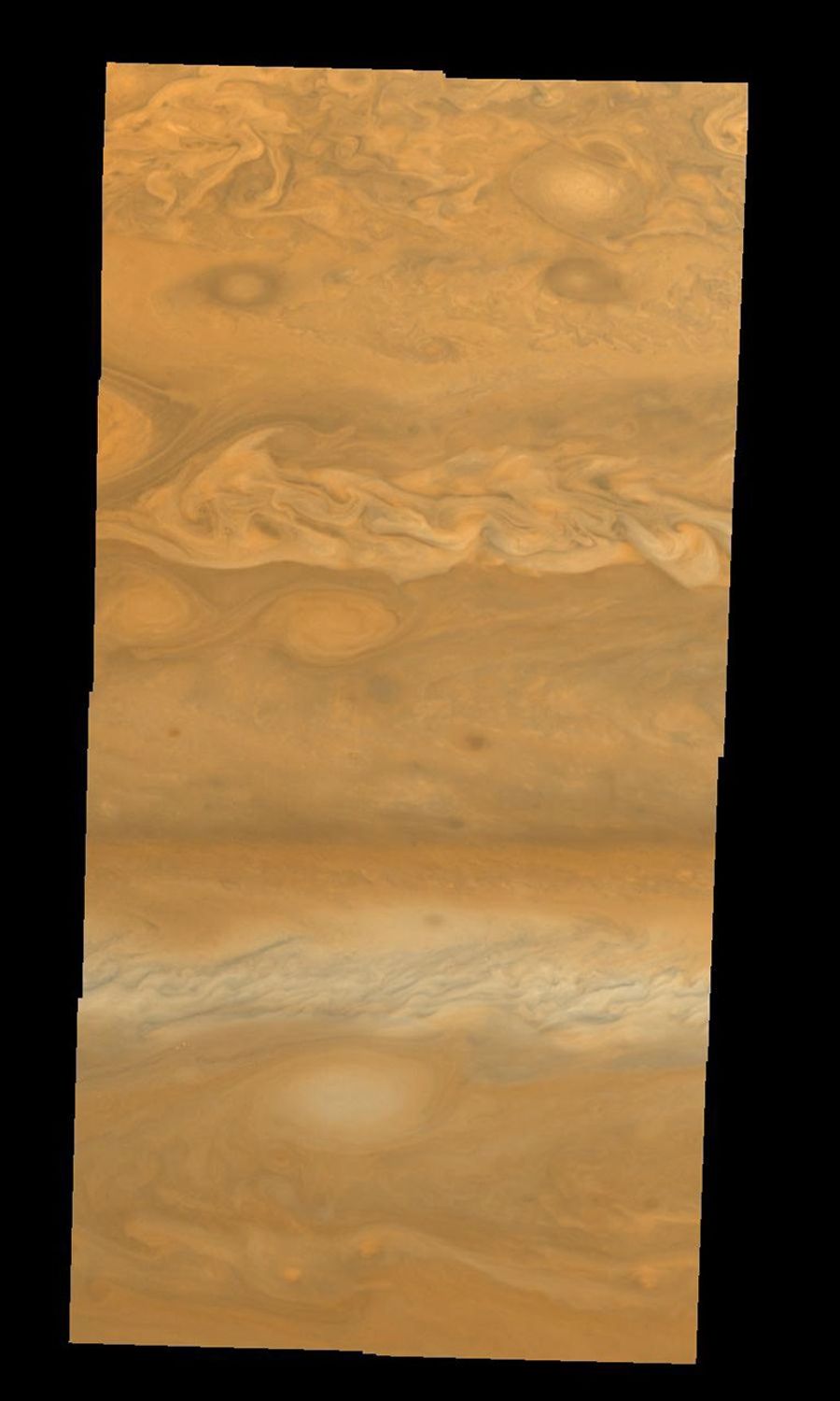This image is a mosaic of Jupiter's northern hemisphere, taken by NASA's Galileo spacecraft in 1997. Differences in coloration are due to the composition and abundance of trace chemicals in Jupiter's atmosphere.