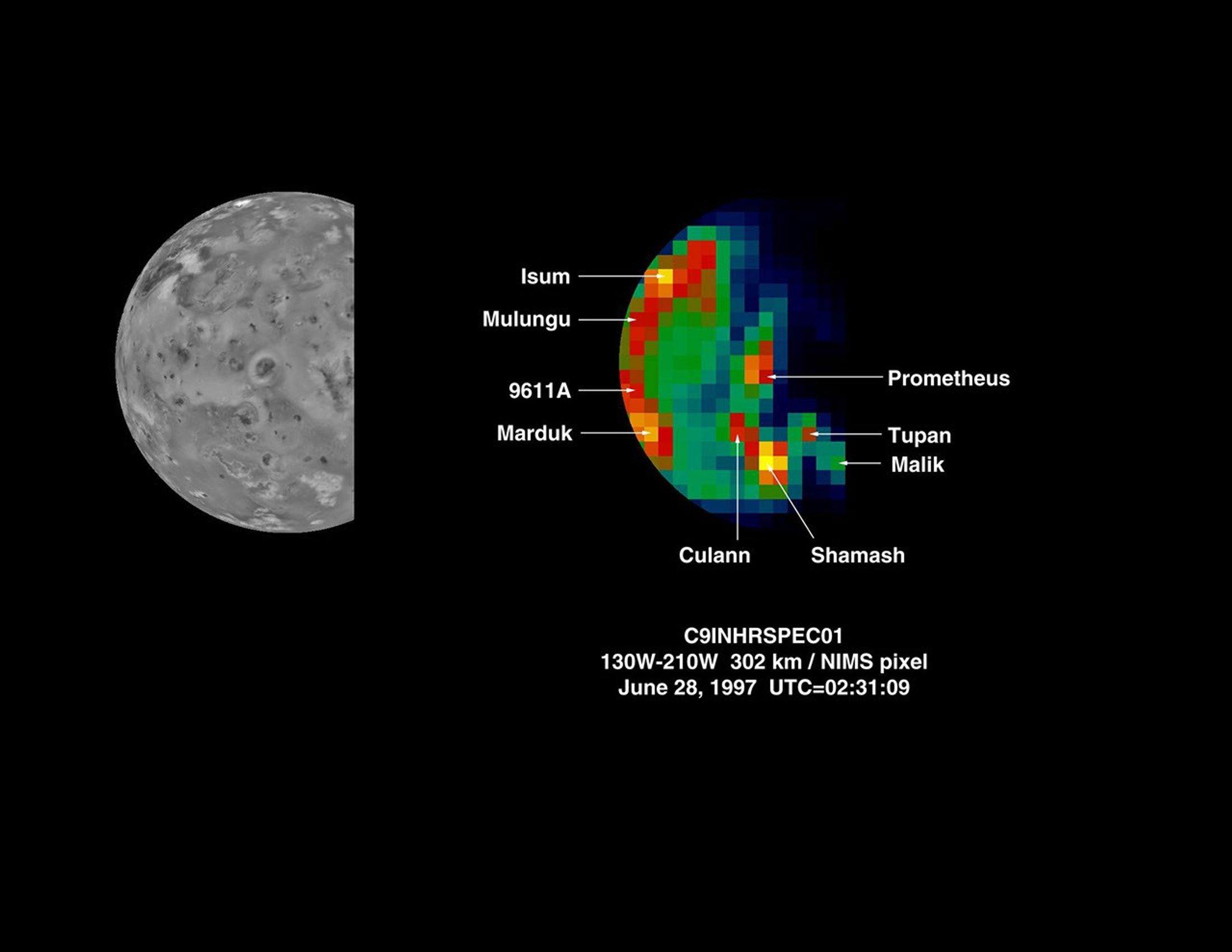 NASA's Galileo spacecraft observed Io on nearly every orbit as part of a program monitoring the level of volcanic activity on this moon. Io is the most volcanically active body in the Solar System.