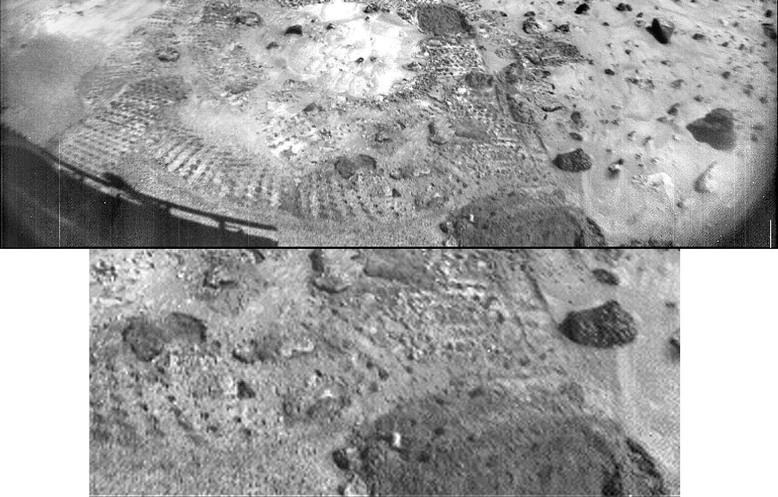 This pair of images from NASA's Imager for Mars Pathfinder (IMP) shows a broad view (upper image) and detailed close-up view (lower image) of the disturbed surface near and on Mermaid Dune. Sol 1 began on July 4, 1997.