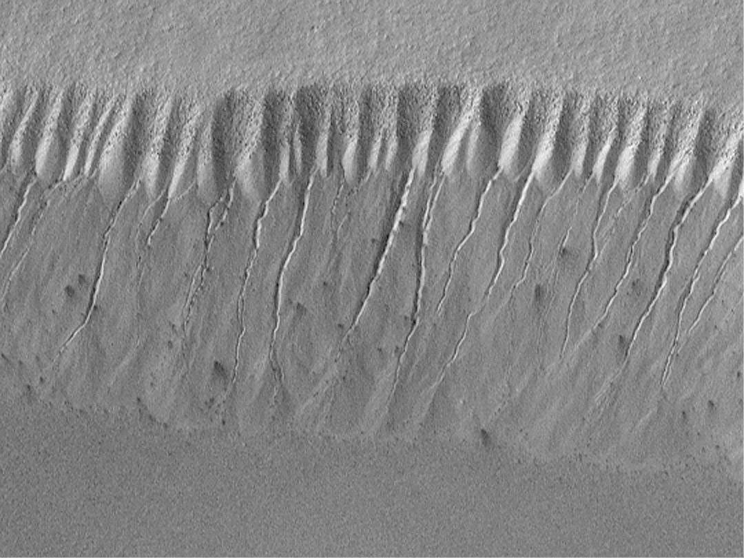 This image acquired by NASA's Mars Global Surveyor on July 14, 1999 shows gully landforms proposed to have been caused by geologically-recent seepage and runoff of liquid water on Mars are found in the most unlikely places.